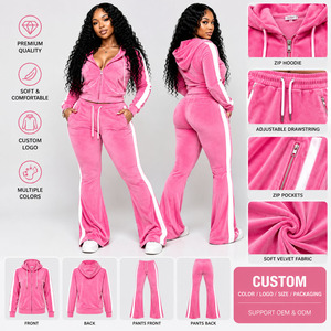 Ensemble survêtement velours rose pour femme avec logo personnalisé, sweat à capuche zippé et pantalon de jogging, ensemble assorti 2 pièces - Product Image 1