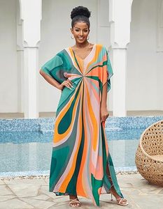 Robe Abaya Maxi Col V Manches Courtes Coupe Ample Motif Géométrique Ourlet Asymétrique Plage Été Femme Polyester Style Bohème - Product Image 5