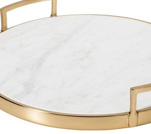 Wholesale Luxury <b>Round</b> Marble Serving Tray Bulk Hotel Platter with Elegant <b>Brushed</b> Gold Metal Frame and Modern Square Handles - Product Image 4