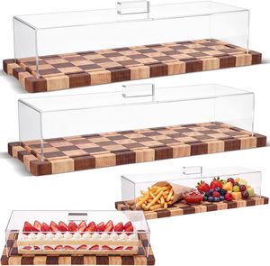 Natural Checked Wooden Serving Tray With Clear Acrylic Cover Food Display Platter For Snack Fruit <b>Hotel</b> <b>Supply</b> Wholesale - Product Image 4