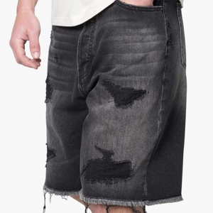 Shorts en jean gris foncé pour homme, coupe droite, taille mi-haute, déchirés, effet usé, écologiques, séchage rapide, imperméables, en coton, décontractés, été - Product Image 5