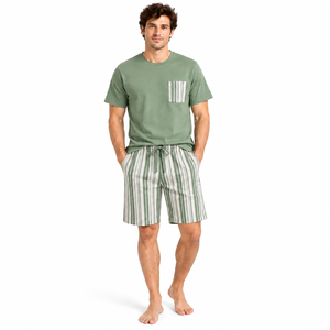 <b>Men</b> Spandex Cotton Knitted Breathable Casual <b>Pajama</b> <b>Set</b> <b>Short</b> Sleeve T-Shirt Summer Cool Loungewear <b>Shorts</b> Green Nightwear - Product Image 1