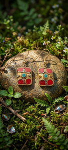 Boucles d'oreilles pendantes ethniques bohèmes vintage faites à la main en laiton plaqué or avec incrustations géométriques de turquoise et de corail, cadeau pour mariage, fiançailles ou fête - Product Image 3