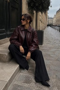 Burgundy Leather <b>Bomber</b> <b>Jacket</b> for Women, Oversized Zip Up <b>Jacket</b>, <b>Vintage</b> Style Outerwear - Product Image 2