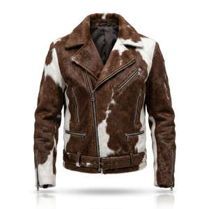 OEM Custom Men's Genuine Hair-On <b>Sheepskin</b> Leather <b>Jacket</b> Wholesale Animal Print Biker Moto Coat Factory Direct - Product Image 6