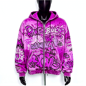 Sudadera con capucha y cremallera para hombre con estampado de grafiti morado, estilo urbano, de forro polar oversize, corte regular, para otoño - Product Image 5