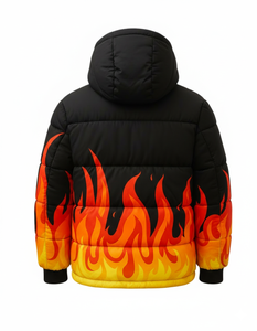 Chaqueta Acolchada Negra con Estampado de Llamas para Hombre, Chaqueta de Invierno con Capucha, Estilo Urbano, Hip Hop, Moda - Product Image 5