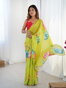 Hermoso Saree de Chinnon con Bordado de Espejo, Blusa sin Coser y Diseño Floral para Mujer, Ideal para Fiestas Tradicionales - Product Image 2