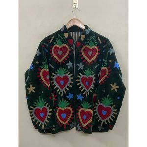 Hand Embroidered Velvet Cotton Jacket <b>Women</b> Mandarin Collar Full Sleeve Winter Bohemian Eye Pattern Open Front <b>Coat</b> - Product Image 5