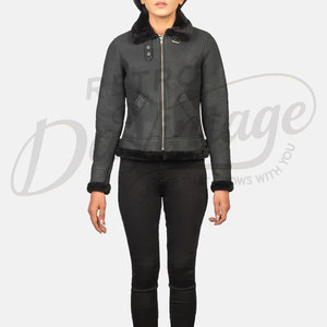 Women Black Distressed Real <b>Leather</b> <b>Jacket</b> Black Faux Fur Trim Slim Fit Premium Sheepskin Winter Biker Outerwear Coat - Product Image 4