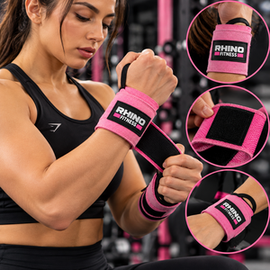 สายรัดข้อมือลายทางสีชมพู Rhino Fitness ทำจากผ้าฝ้าย พร้อมแถบตีนตุ๊กแกสำหรับยกน้ำหนักและออกกำลังกายในยิม - Product Image 4