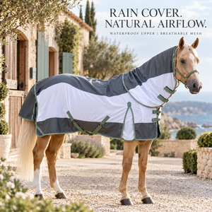 Couverture de pluie hybride détachable pour cheval 1200D avec dessus imperméable |   Couverture d'extérieur respirante en maille avec grande rabat de queue et sangles - Product Image 2