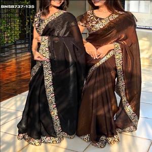 Sari indio de calidad de exportación para fiestas, de satén Fandy con bordado Zari y trabajo de espejos Savroski hecho a mano, fabricante de moda femenina. - Product Image 1