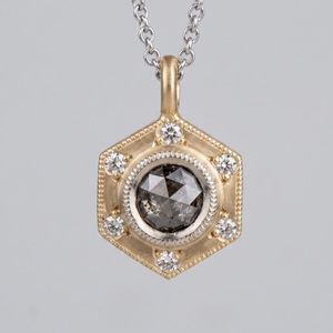 Collier pendentif hexagonal en diamant gris rose taillé sel et poivre de 1,5 carat, pendentif vintage Art Déco en or, pendentif géométrique halo - Product Image 3