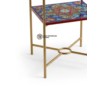 Mesa Auxiliar Artesanal Multicolor con Incrustaciones de Hueso y Estructura Metálica – Mesa Decorativa de Dos Niveles para Sala de Estar y Otomanas - Product Image 3