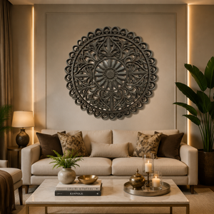 Panneau décoratif mural en bois artisanal de qualité supérieure |   Décoration murale en bois sculpté à motifs floraux pour salon, chambre, bureau à domicile - Product Image 3