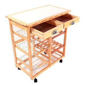 Carrello da Cucina e Sala da Pranzo in Legno con 2 Cassetti e Ruote Girevoli, Ripiano Rimovibile, Colore Legno - Product Image 4
