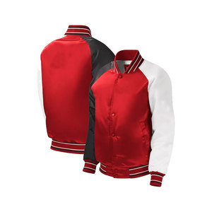 <b>Men</b> Red Satin Varsity <b>Jacket</b> Snap Button Baseball Bomber <b>Jacket</b> Casual Streetwear - Product Image 1