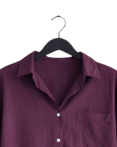 Ensemble deux pièces en lin bordeaux pour femme, chemise à manches longues boutonnée et pantalon large à taille élastique, tenue décontractée - Product Image 4