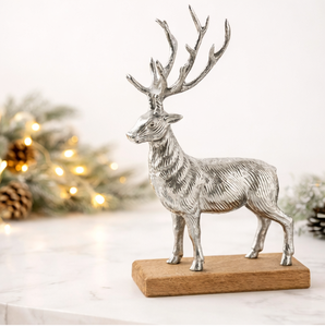 Premium Silver Aluminum Reindeer Statue With Natural Wood Base Elegant Standing Stag Figurine For Modern <b>Christmas</b> Tabletop - Product Image 1