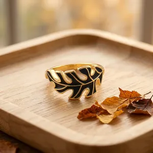 Leaf Designed Black Enameled Adjustable 18k Gold Plating Brass Statement Signet Ring Wedding Birthday Stylish Minimalist <b>Gift</b> - Product Image 4