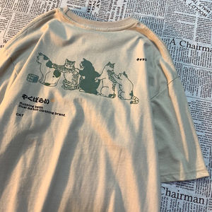 Camiseta de manga corta con estampado de gato de dibujos animados para mujer, Top holgado y versátil de verano, ropa informal y a la moda para la calle - Product Image 5