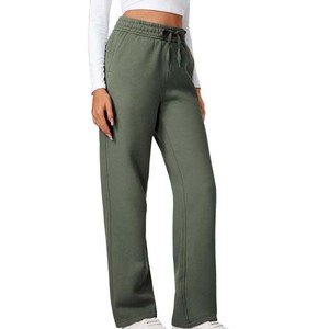<b>Women's</b> <b>Olive</b> <b>Green</b> Wide Leg Fleece Pants Mid Waist Drawstring Closure Casual Loose Fit Full Length Solid Color <b>Trousers</b> - Product Image 1