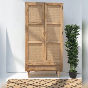 Armoire à portes en rotin Vandana Vesta Flux, design moderne en bois massif tressé naturel, meuble de rangement - Product Image 1