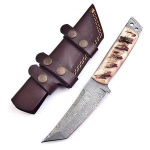 Couteau Tanto à lame fixe en acier Damas de qualité industrielle, fabriqué OEM, modèle Mortal Saga, avec manche en corne de cerf, pleine longueur de lame, pour la chasse, le camping et le transport. - Product Image 2