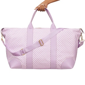 กระเป๋ากีฬาสำหรับผู้หญิงกระเป๋าเดินทางกระเป๋าดัฟเฟิลสำหรับผู้หญิงกระเป๋าไนลอนลายตารางสีม่วงกระเป๋าวันหยุดสุดสัปดาห์ - Product Image 1