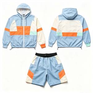 Ensemble de survêtement unisexe à capuche avec blocs de couleur, léger, 100 % coton, style sportif, manches longues, short à fermeture éclair, imperméable - Product Image 1