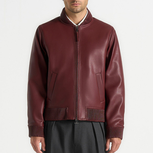 Men's Burgundy PU Leather <b>Bomber</b> <b>Jacket</b> Stand Collar Zipper Closure Casual Style Autumn Wear - Product Image 6