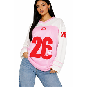 Maillot de football américain blanc et rose en gros, style sportif tendance, chemise de football à manches longues, fournisseur OEM pour femmes, marque privée - Product Image 1