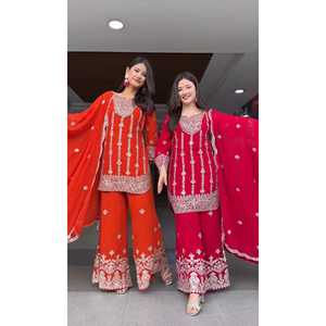 Hermoso Salwar Kameez de Seda con Parte Superior e Inferior Bordadas y Dupatta para Bodas, Talla XL - Product Image 4