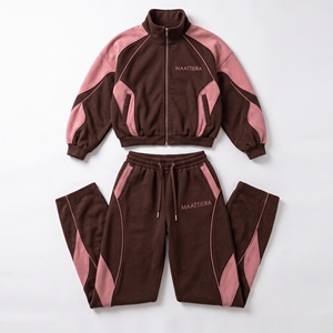 <b>Women's</b> Chocolate <b>Brown</b> Pink Two-Piece Solid Tracksuit Set with Zip <b>Jacket</b> Hoodie Belt Loose Jogger Pants-Wholesale Supplier - Product Image 5