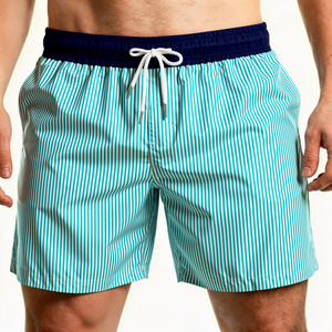Traje de Baño para Hombre, de Secado Rápido, con Rayas Turquesa, Cintura Media, Cordón Ajustable, Estilo Casual, 100% Poliéster Tejido - Product Image 1