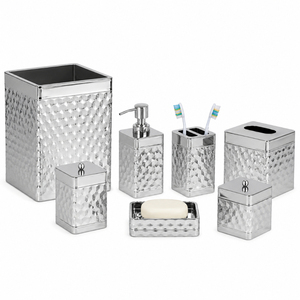 Silver 7 Piece <b>Bathroom</b> <b>Accessories</b> <b>Set</b> Textured Chrome Ceramic Bath Ensemble Wholesale Hotel Vanity Organizer Hotel Countertop - Product Image 1
