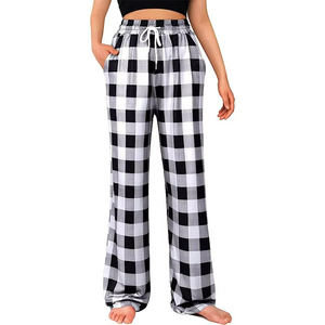 High Quality Comfy <b>Plaid</b> Trousers Women Pajamas Slacks Buffalo <b>Plaid</b> Black and White <b>Pants</b> With Pockets - Product Image 1