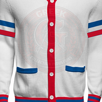 Cardigan blanc personnalisé pour fraternité, col en V, bordure contrastante, broderie de lettres grecques, en acrylique tricoté, pull unisexe, style universitaire