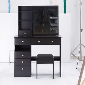Tavolo da Trucco Extra Large da 37 Pollici con Cassetto Sinistro, Sgabello Imbottito, Specchio Scorrevole Destro e Vano Multilivello ad Alta Capacità - Product Image 5