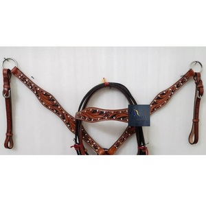 Têtière et harnais en cuir marron avec design floral en cristal noir et transparent, finitions en acier inoxydable, équipement d'équitation western réglable - Product Image 2