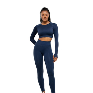 Ensemble de yoga 2 pièces bleu marine uni pour femme, haut court à col rond et manches longues, leggings taille haute sans couture, séchage rapide, logo personnalisé - Product Image 6