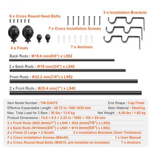 Asta per tende doppia regolabile nera da 4 m con terminali decorativi, diametro 1 3/4 pollici, lunghezza 36-72 pollici (3-6 piedi), in lega - Product Image 5