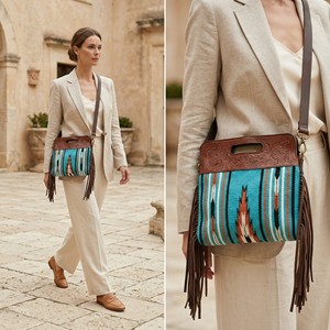 Sac bandoulière en cuir pour femme, style bohème western, sacoche turquoise à motifs aztèques, sac à franges vintage - Product Image 2