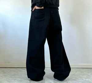 Men's Black Wide Leg <b>Jeans</b> With Embossed Pattern <b>Elastic</b> Waist Street Style Canvas Pants Breathable Midweight Autumn Wear - Product Image 2