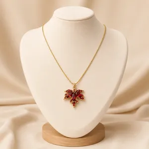 Elegant Red Crystal Leaf Pendant <b>Necklace</b> for Women Gold Plated <b>Statement</b> <b>Necklace</b> Fashion Jewelry Gift - Product Image 2
