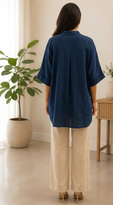 Ocean Blue Woven Solid Dupion Silk Loose V-<b>Neck</b> Top - Product Image 3