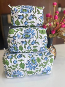 Juego de Bolsas de Cosméticos de Algodón Bordado Vintage con Cierre de Cremallera, Bolsas de Maquillaje Multifuncionales con Patrón Floral Azul Verde - Product Image 1