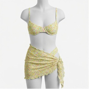 <b>Blue</b> Butterfly Print 2 Piece Yoga <b>Set</b> With Gold Trim Deep V Neck Halter Bodysuit And Knee Length Wrap Skirt - Product Image 1