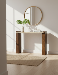 Midcentury Modern Console <b>Table</b> Leg for Living Room Entry Solid Wood Travertine Top Eco-Friendly Durable B2B Furniture India - Product Image 3